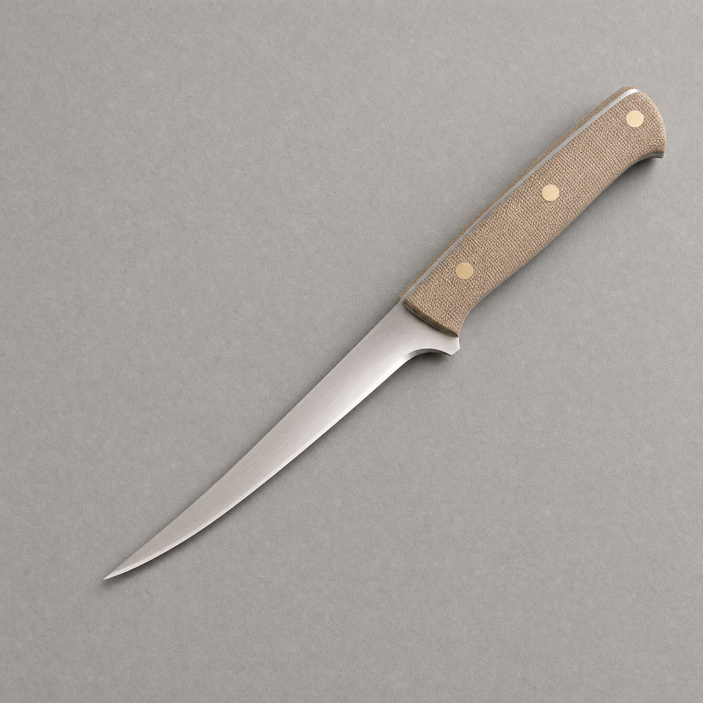 The Boning 150 seen from above: a slim curved satin stainless blade with a natural linen micarta handle on three brass pins.