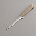 The Boning 150 seen from above: a slim curved satin stainless blade with a natural linen micarta handle on three brass pins.