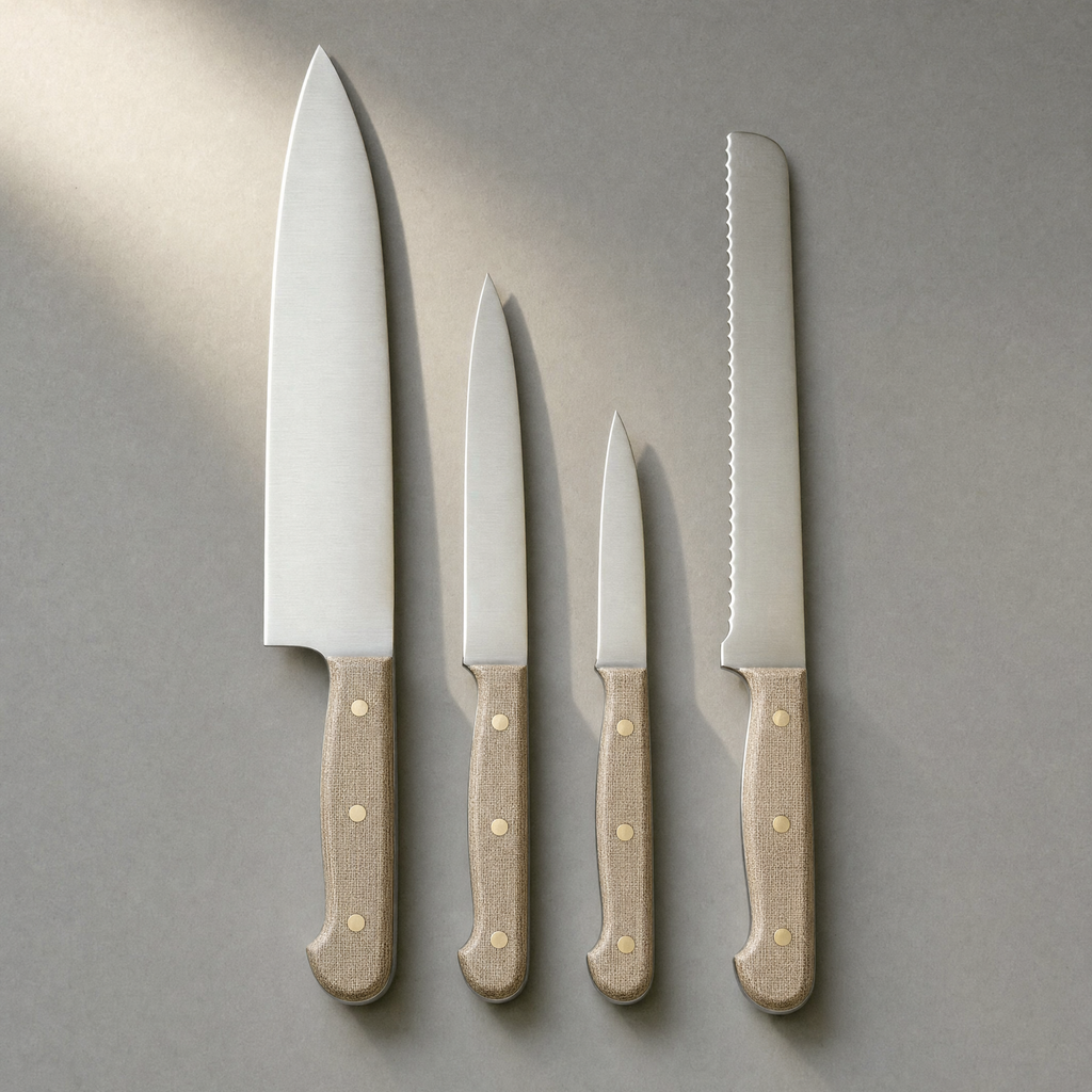 The four knives of the set laid in a row largest to smallest: Chef 200, Prep 130, Paring 90 and the serrated Bread 220, all on matching linen micarta handles.