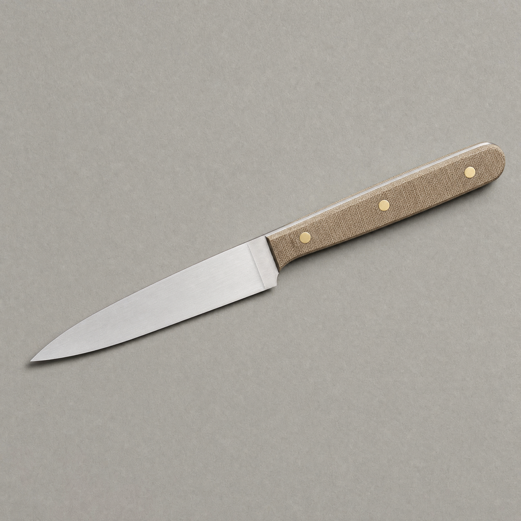The Prep 130 seen from above: a narrow 130 mm satin stainless blade with a natural linen micarta handle on three brass pins.