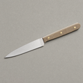 The Prep 130 seen from above: a narrow 130 mm satin stainless blade with a natural linen micarta handle on three brass pins.