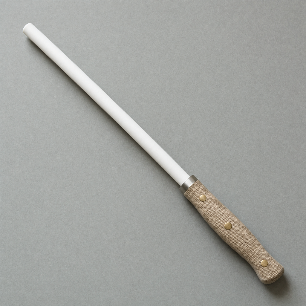 The Honing Rod 250: a white ceramic rod with a natural linen micarta handle on three brass pins and a steel collar.