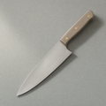 The Chef 200 seen from above: a 200 mm satin stainless blade with a natural linen micarta handle on three brass pins.