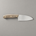 The Chef 165 seen from above: a short deep 165 mm satin stainless blade with a natural linen micarta handle on three brass pins.