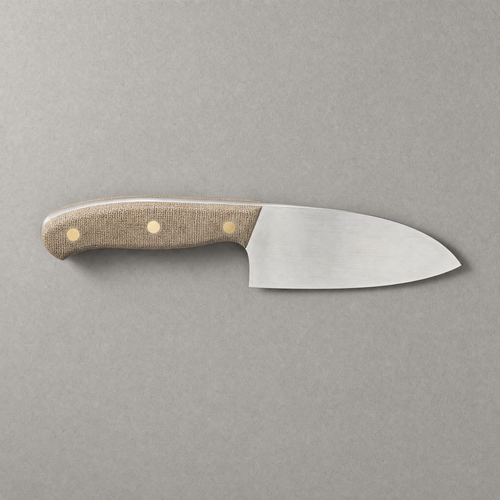The Chef 165 seen from above: a short deep 165 mm satin stainless blade with a natural linen micarta handle on three brass pins.