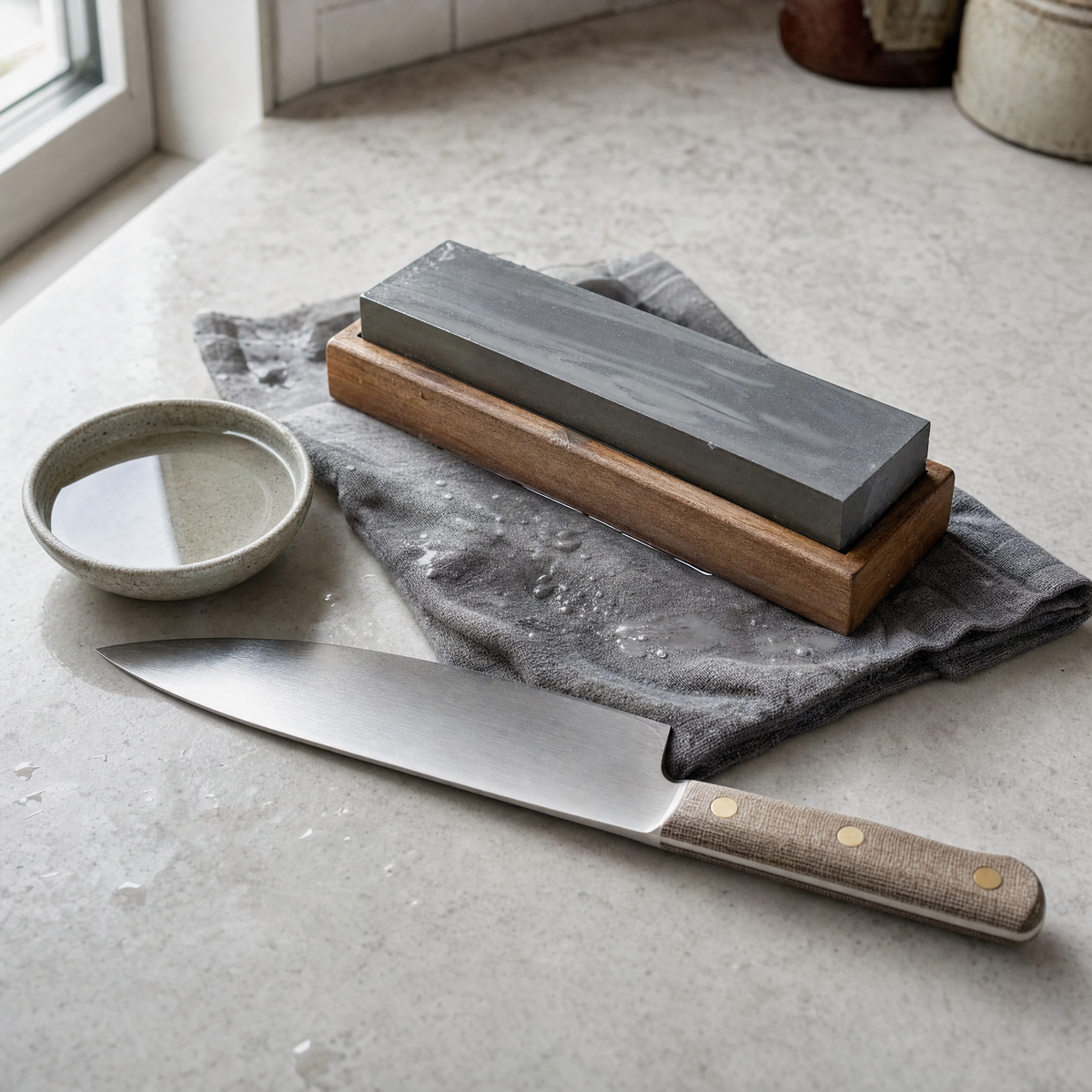 The whetstone in use on a damp cloth with grey slurry on its face, a water dish and a chef's knife beside it.