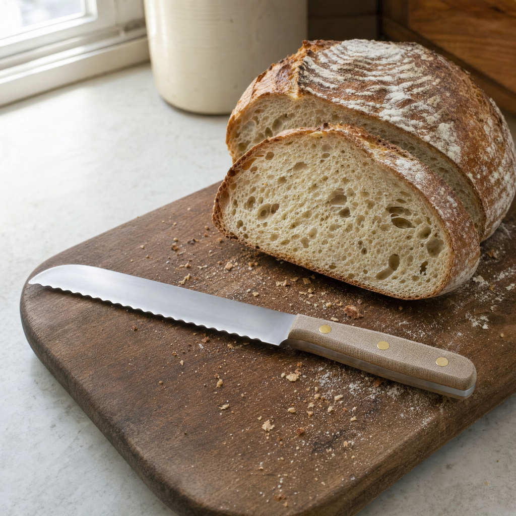 The Bread 220 on a board beside a round sourdough loaf with two thick slices cut.