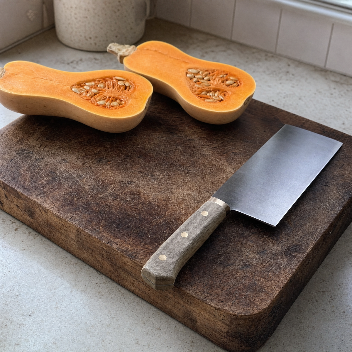 The Cleaver 175 on a thick wooden board beside a butternut squash split lengthwise.