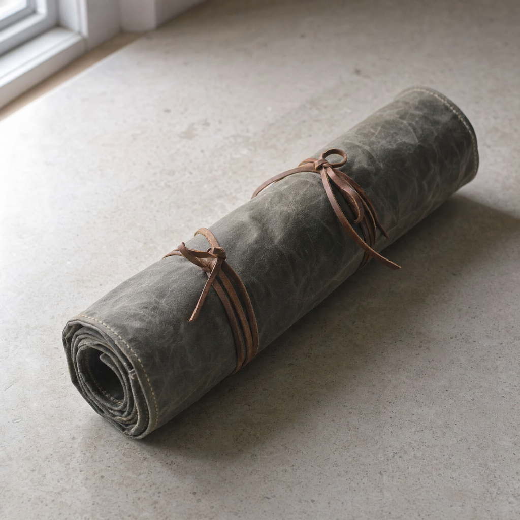 The knife roll rolled closed into a cylinder and tied with two leather ties, showing the wax bloom in the canvas.