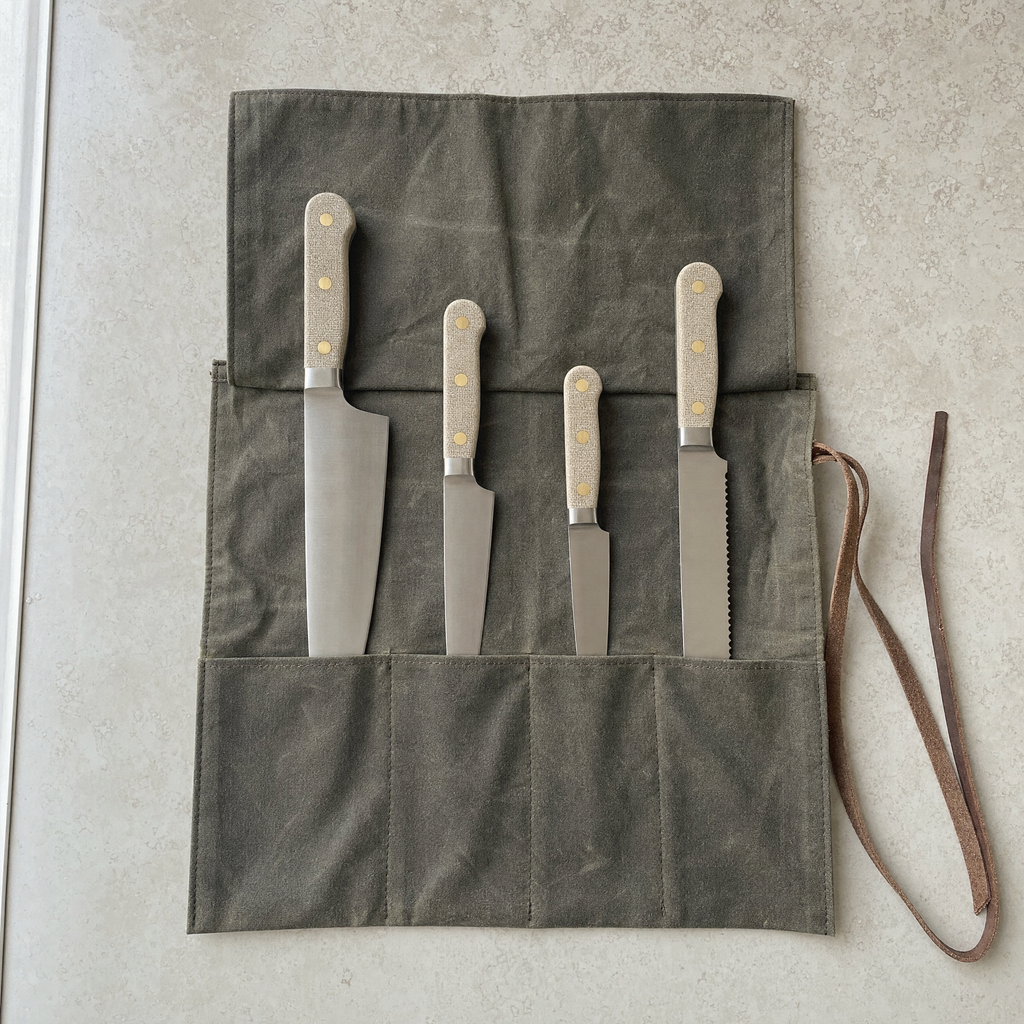 All four knives of the set seated one per slot in the open waxed canvas roll, chef to bread knife.